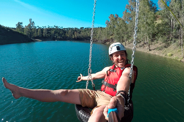 Zip line over the Agrio reservoir. Aznalcollar. Sevilla